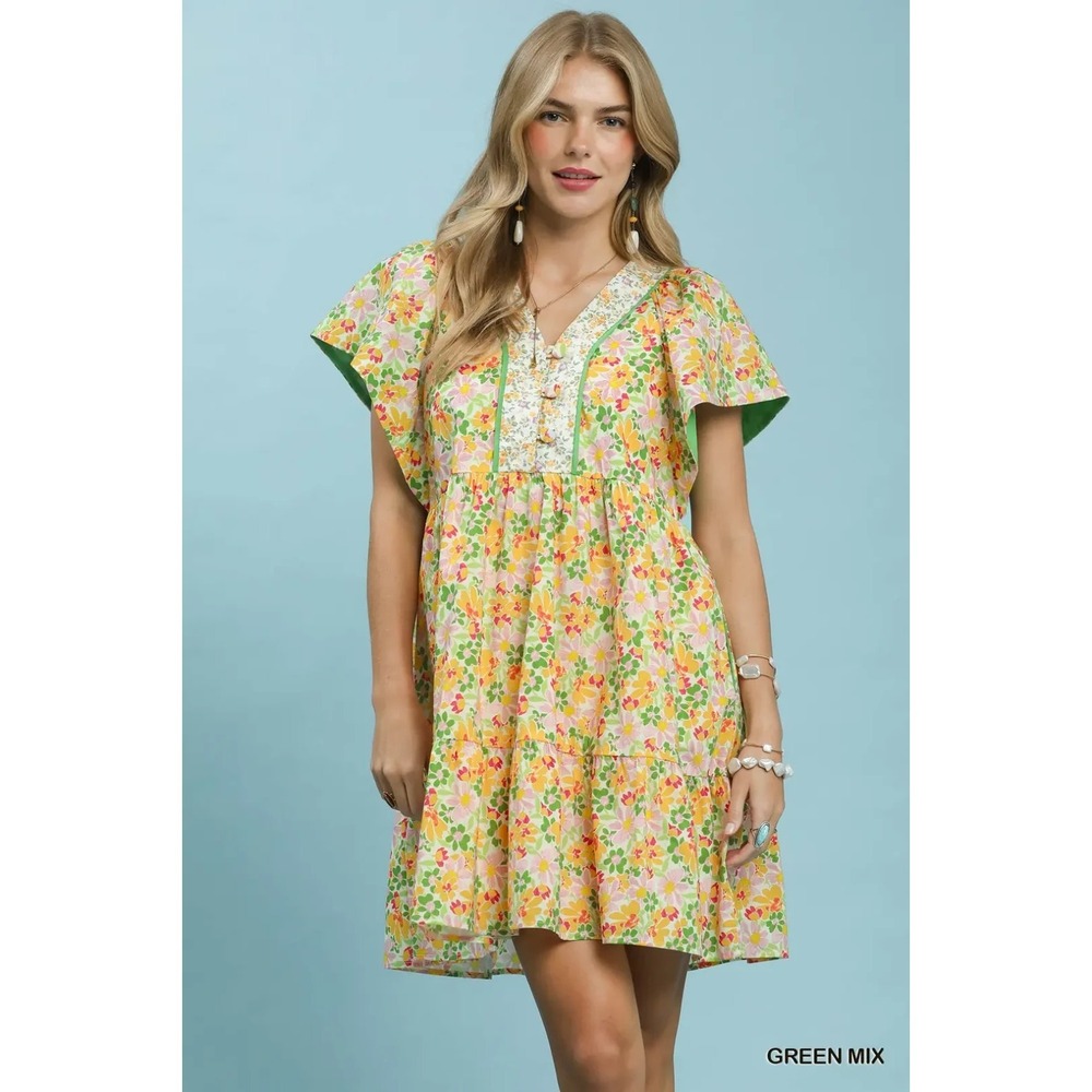 Umgee Mix Floral Tiered Mini Dress with Side Pockets - Medium